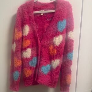 HATLEY Fuchsia Fuzzy Heart Cardigan with Blue, Cream & Orange Accents